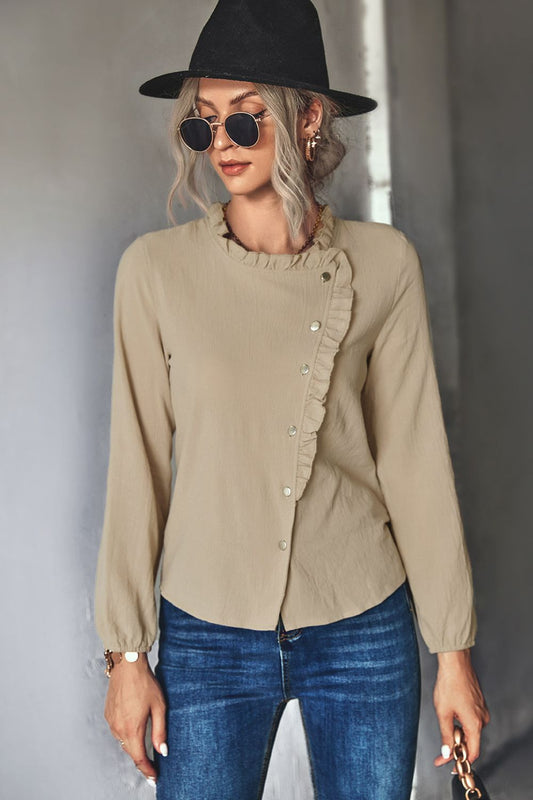 Frill Trim Button Down Long Sleeve Top