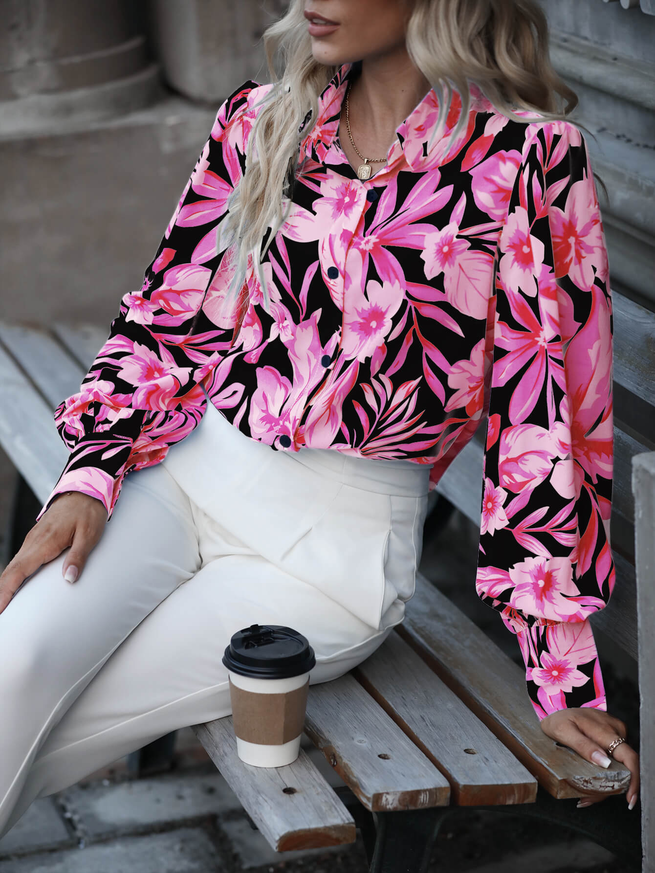 Floral Curved Hem Bishop Sleeve Shirt