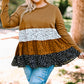 Plus Size Animal Print Color Block Ribbed Babydoll Top