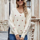 Heart Print V-Neck Dropped Shoulder Sweater