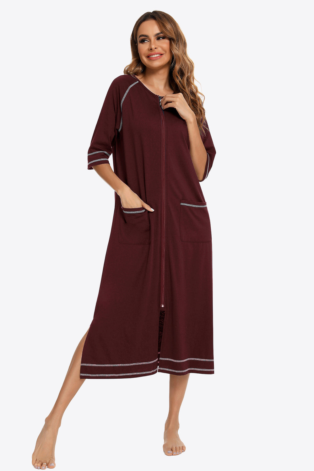 Zip Up Slit Night Dress with Pockets