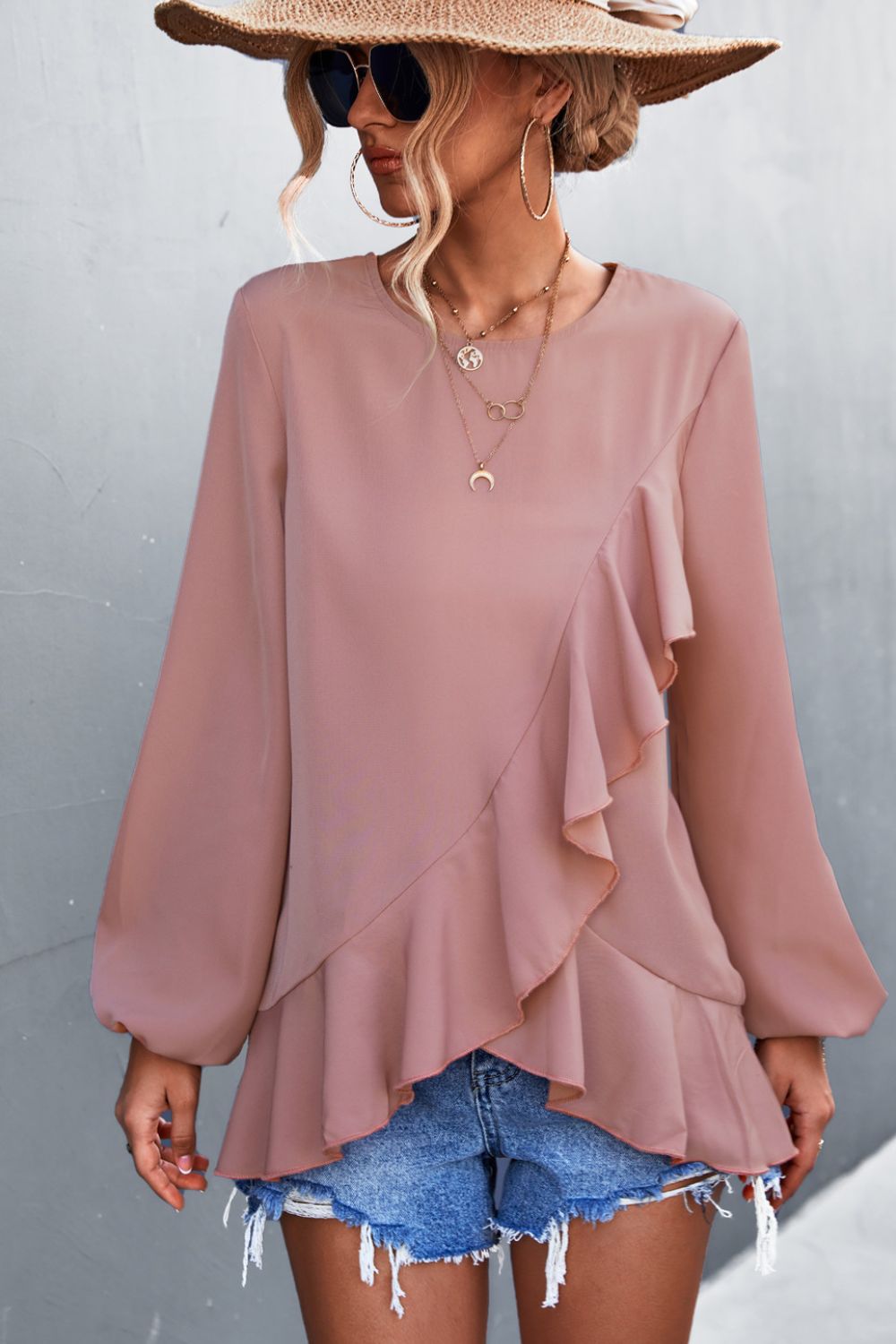 Asymmetrical Ruffle Trim Tunic Blouse