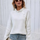 Button Detail Frill Neck Rib-Knit Sweater