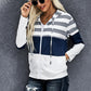 Striped Color Block Drawstring Zip Up Hoodie