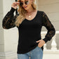 Lace Sleeve Ribbed Trim V-Neck Sweater