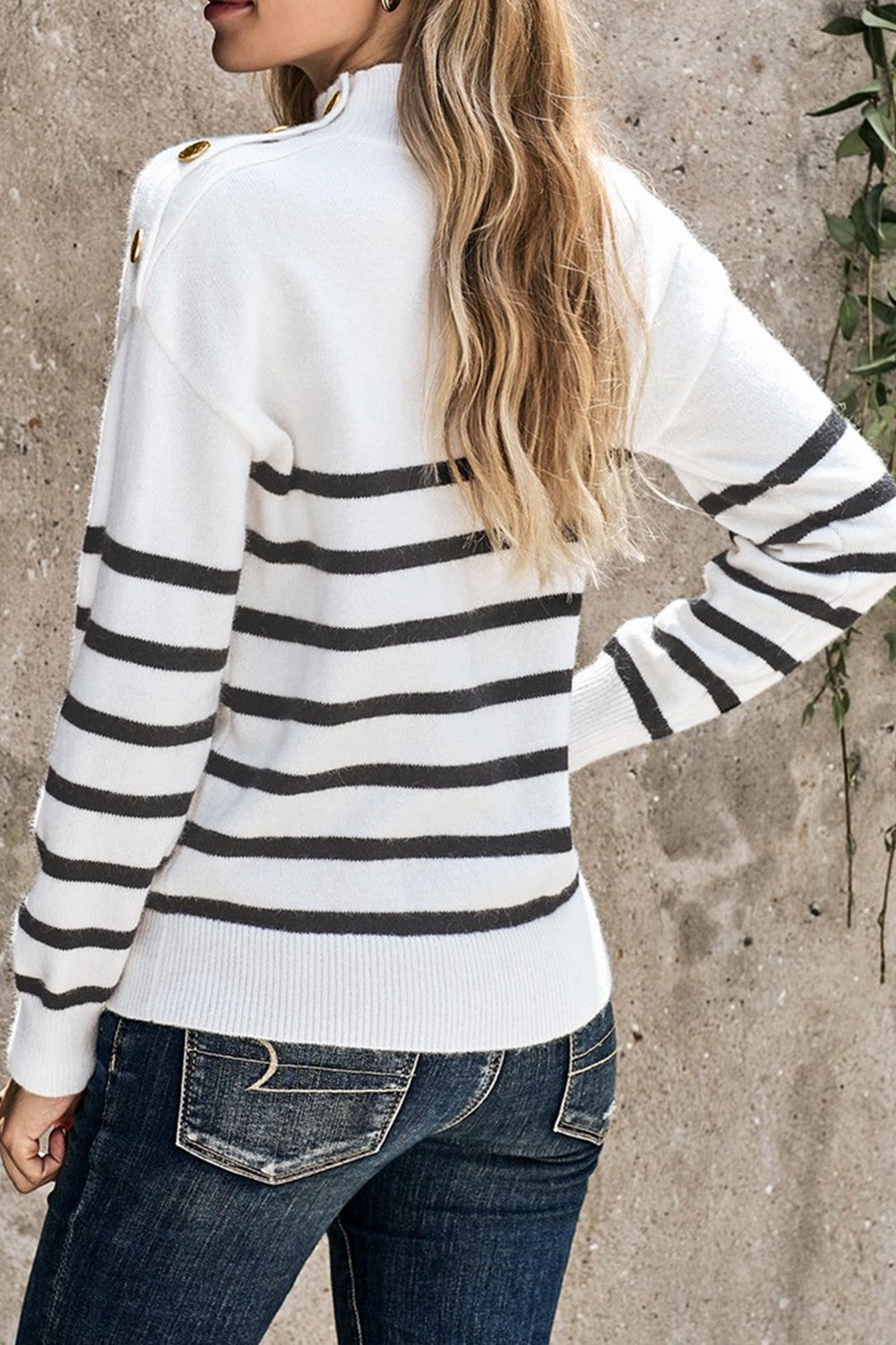 Striped Button Detail Mock Neck Sweater