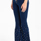 Full Size Pearl Trim Raw Hem Flare Leg Jeans