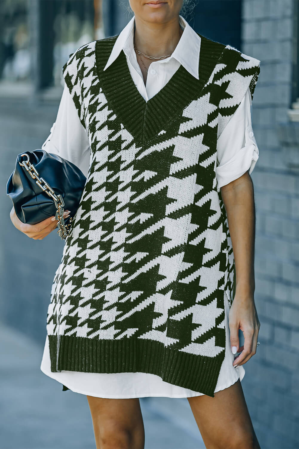 Houndstooth Side Slit Ribbed Sweater Vest Dress