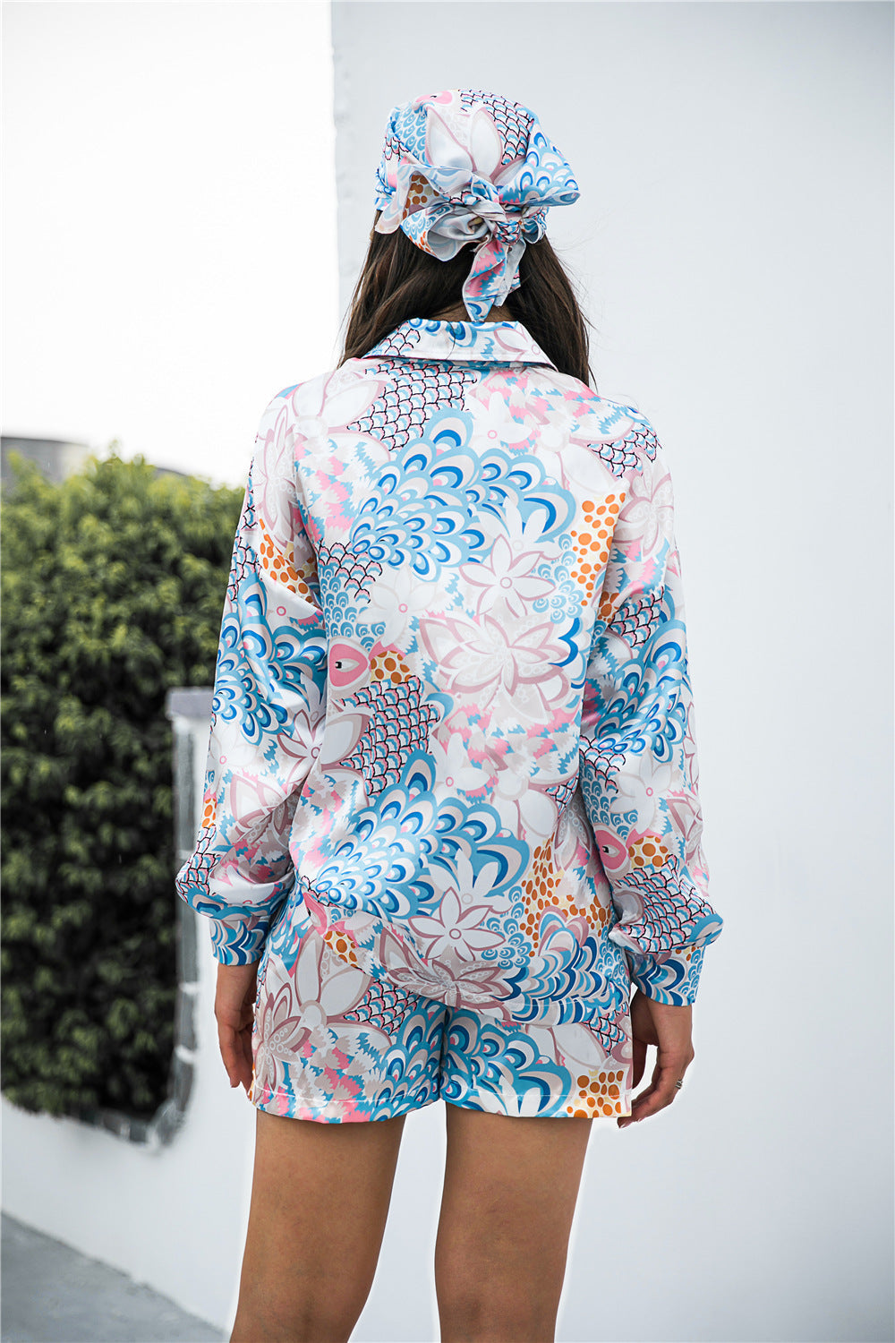 Floral Shirt and Shorts Set with Hair Scarf