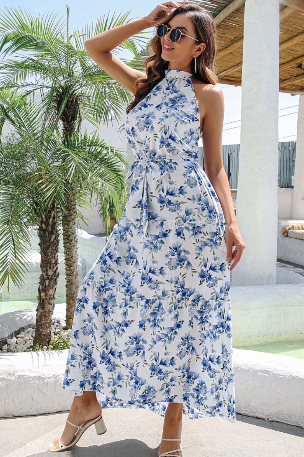 Floral Halter Neck Belted Maxi Dress