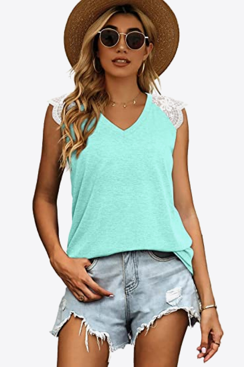Spliced Lace Curved Hem Blouse