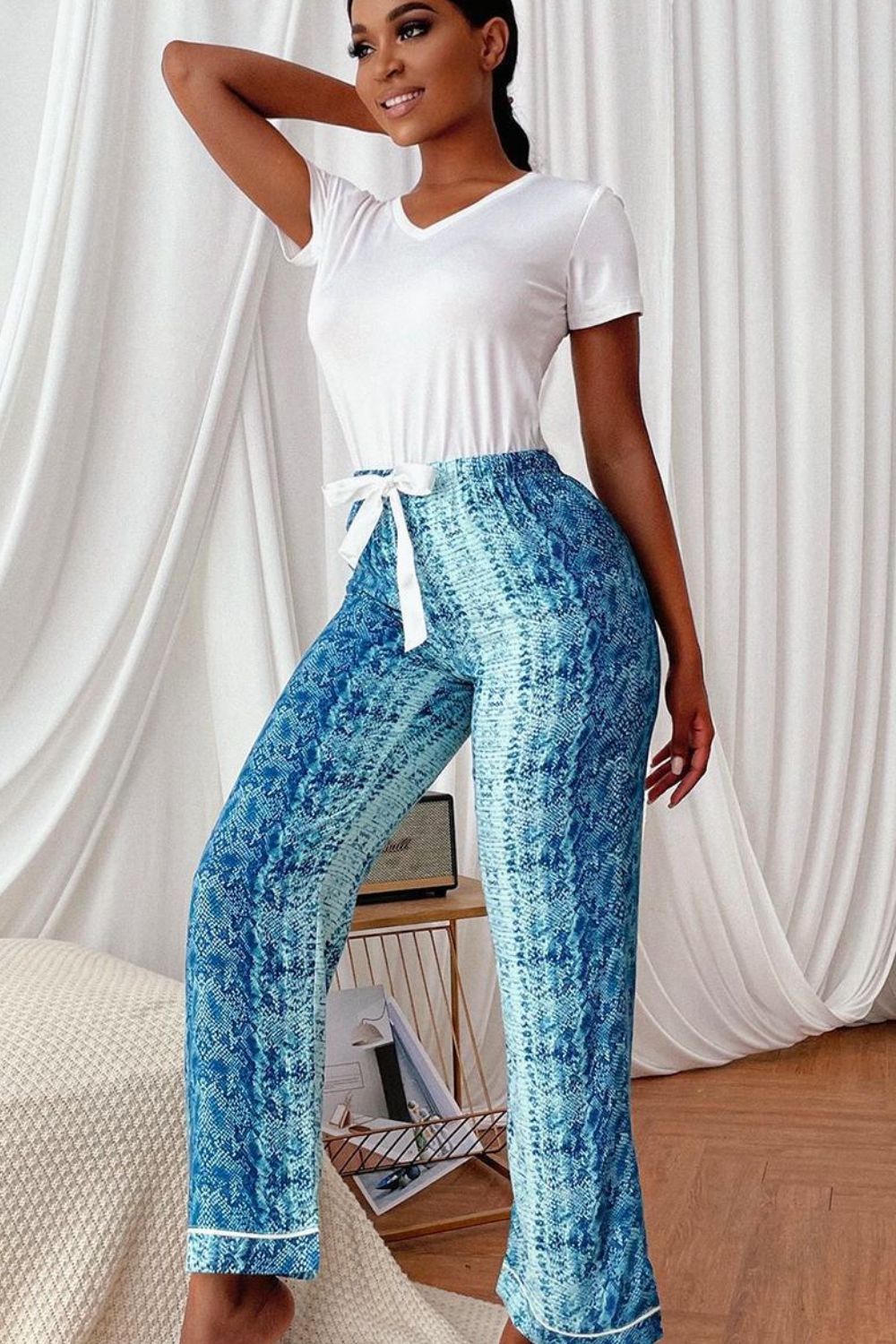 V-Neck Tee and Printed Pants Lounge Set