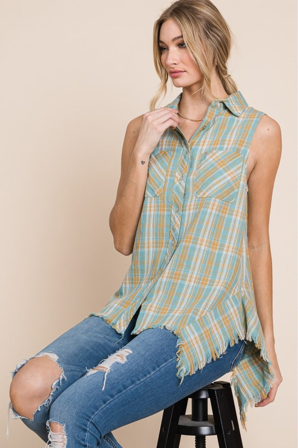 HEYSON Days Gone By Full Size Sleeveless Frayed Plaid Button-Up Shirt