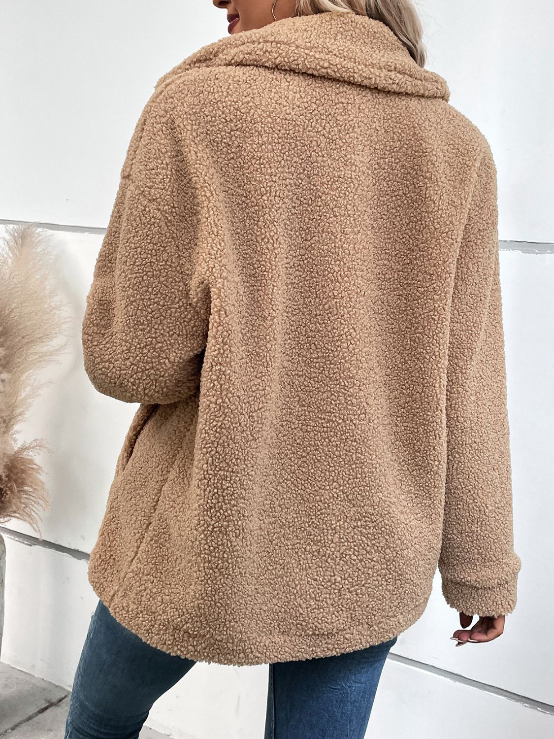 Double-Breasted Lapel Collar Teddy Jacket with Pockets