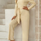 Belted Long Puff Sleeve V-Neck Jumpsuit
