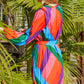Multicolored Tie-Waist Pleated Balloon Sleeve Dress
