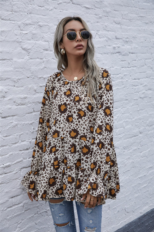 Leopard Round Neck Tiered Flounce Sleeve Blouse