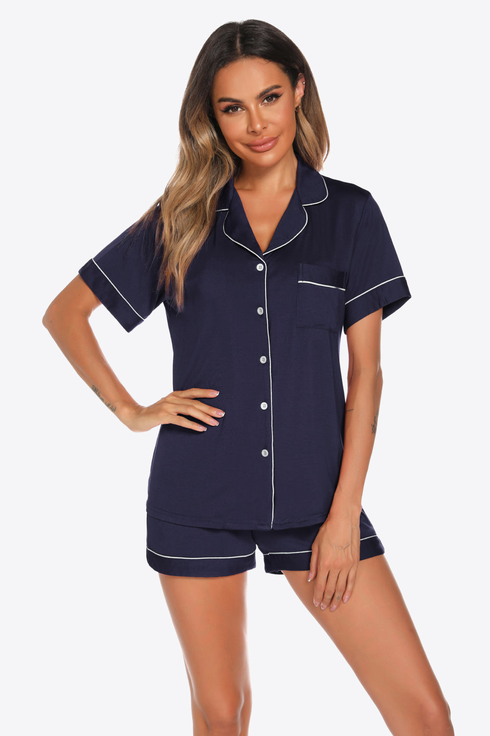 Contrast Piping Button Front Top and Shorts Lounge Set