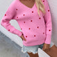 Heart Print V-Neck Dropped Shoulder Sweater