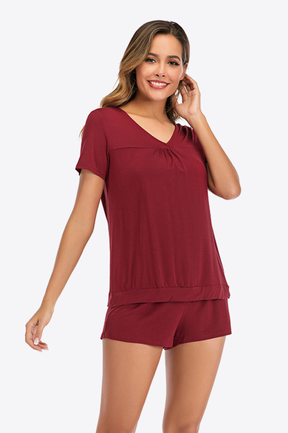 Gathered Detail V-Neck Top and Shorts Lounge Set