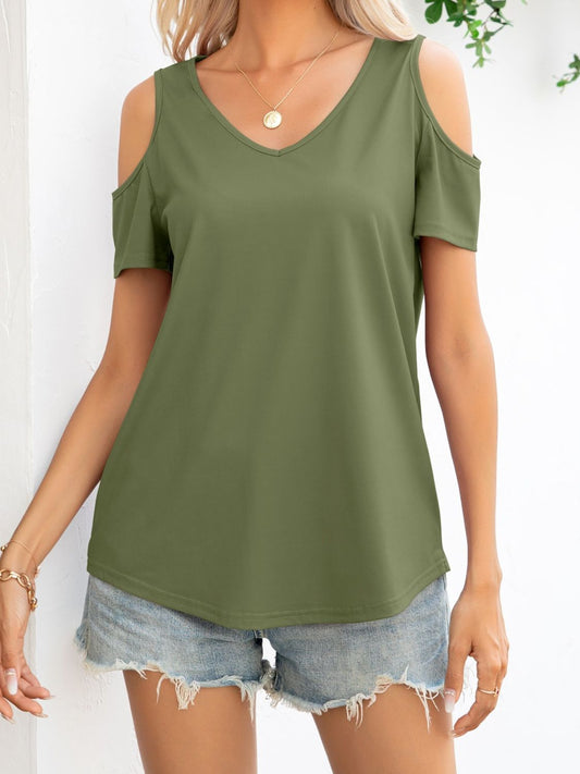 Curved Hem V-Neck Cold-Shoulder Tee