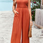 Frill Trim Tie Shoulder Wide Leg Jumpsuit with Pockets