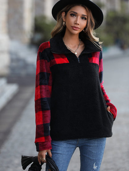 Plaid Quarter-Zip Spliced Fleece Sweatshirt with Pockets