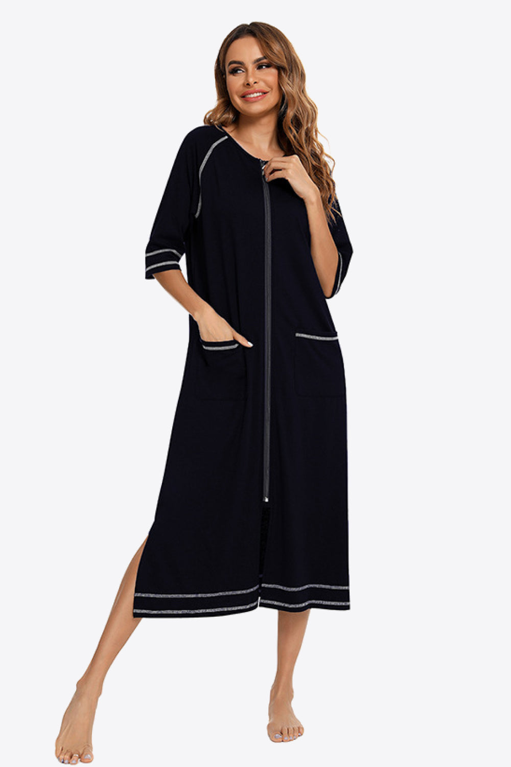 Zip Up Slit Night Dress with Pockets