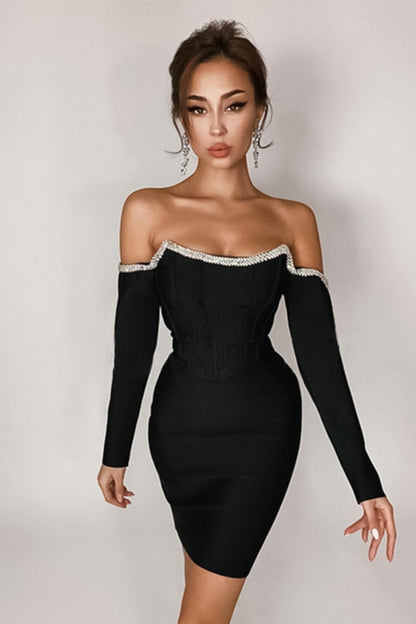 Off-Shoulder Long Sleeve Mini Dress with Rhinestone Detail