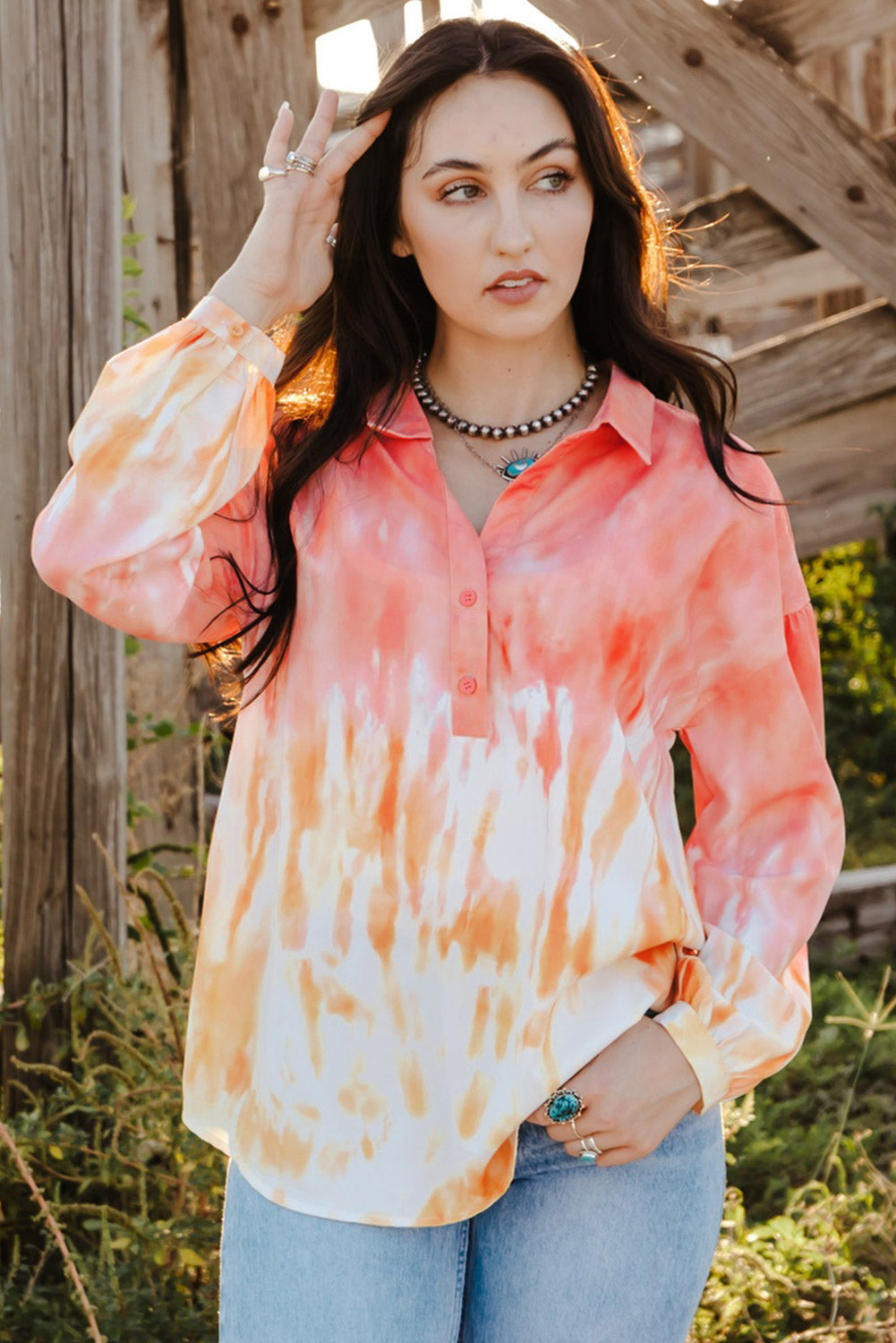 Tie-Dye Quarter-Button Tie Back Collared Top