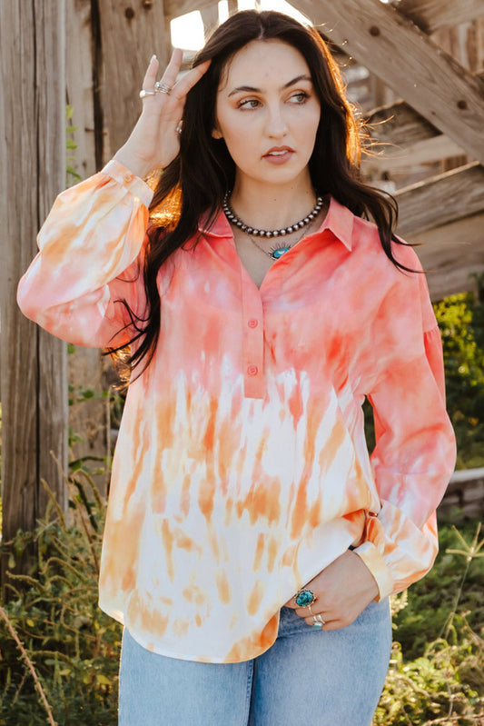 Tie-Dye Quarter-Button Tie Back Collared Top