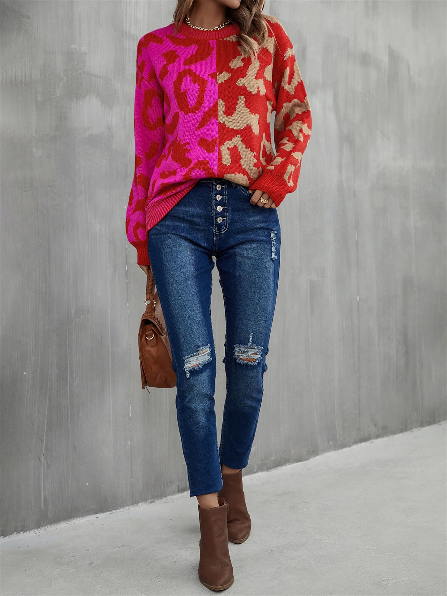 Cozy Weekends Leopard Ribbed Trim Dropped Shoulder Sweater