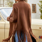 Fringe Hem Open Front Ribbed Trim Cardigan