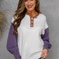 Contrast Ribbed Trim Lantern Sleeve Henley Sweater