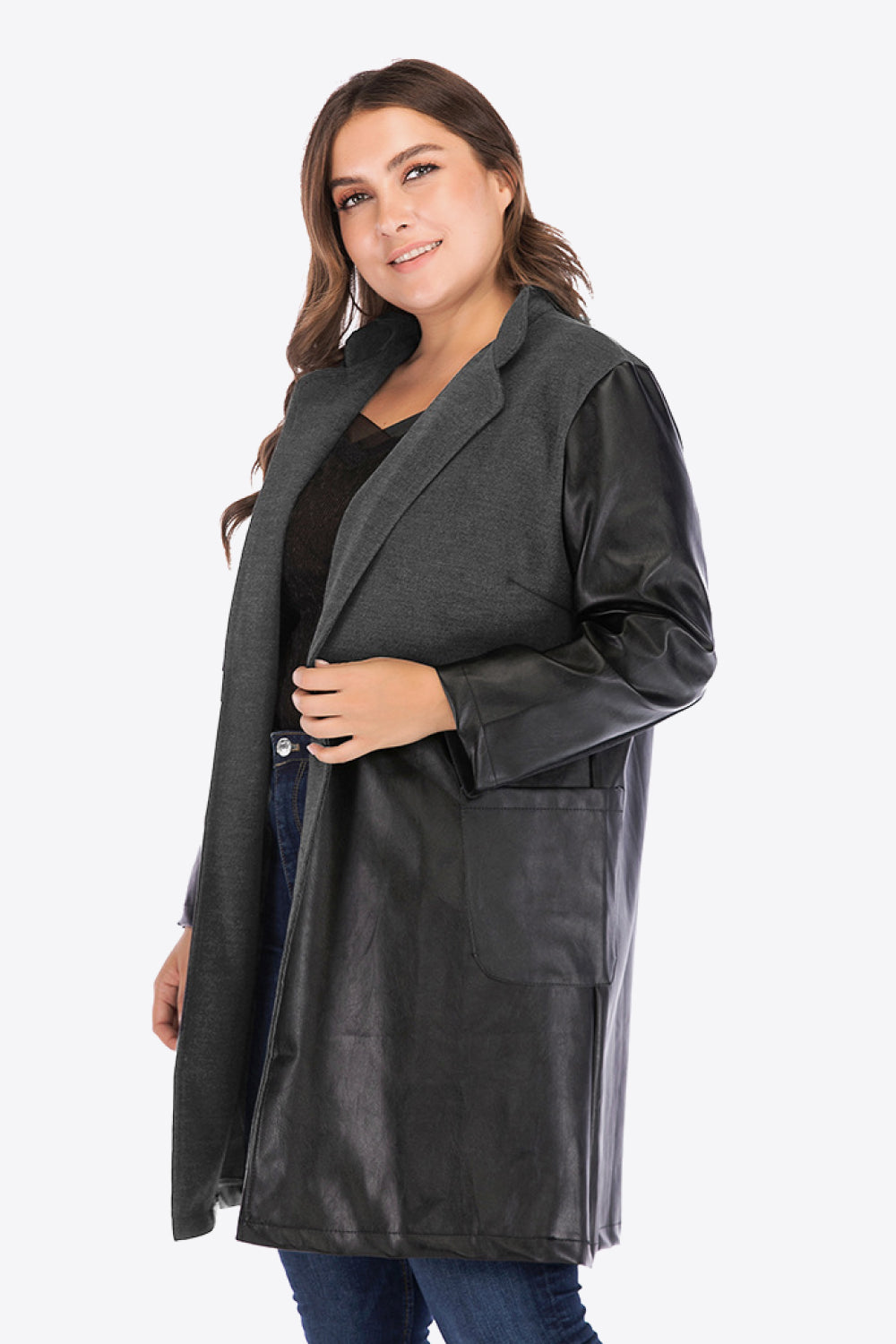 Plus Size Spliced PU Leather Longline Blazer