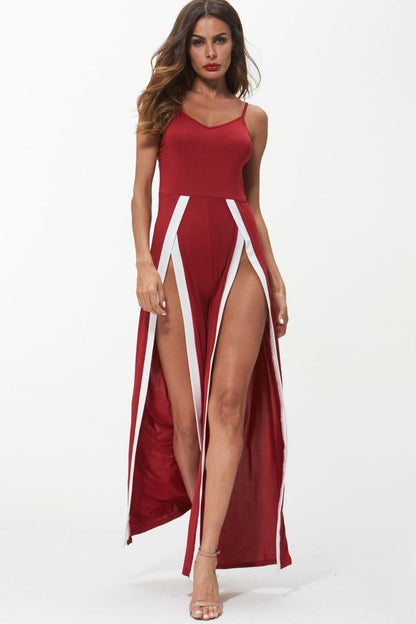 Contrast Trim Split Spaghetti Strap Jumpsuit