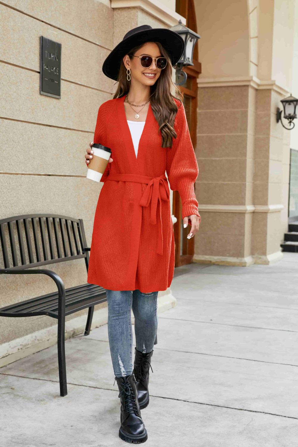 Lantern Sleeve Rib-Knit Open Front Longline Cardigan