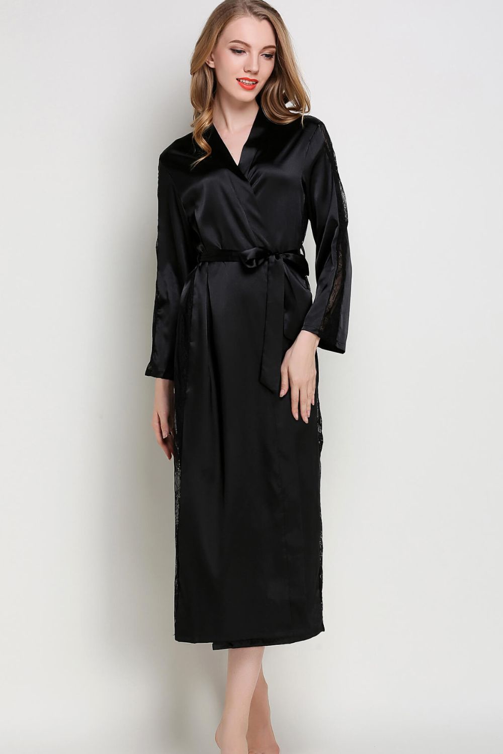 Spliced Lace Tie Waist Satin Robe