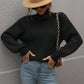 High Neck Balloon Sleeve Rib-Knit Pullover Sweater