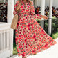 Floral Tie Neck Flounce Sleeve Tiered Dress