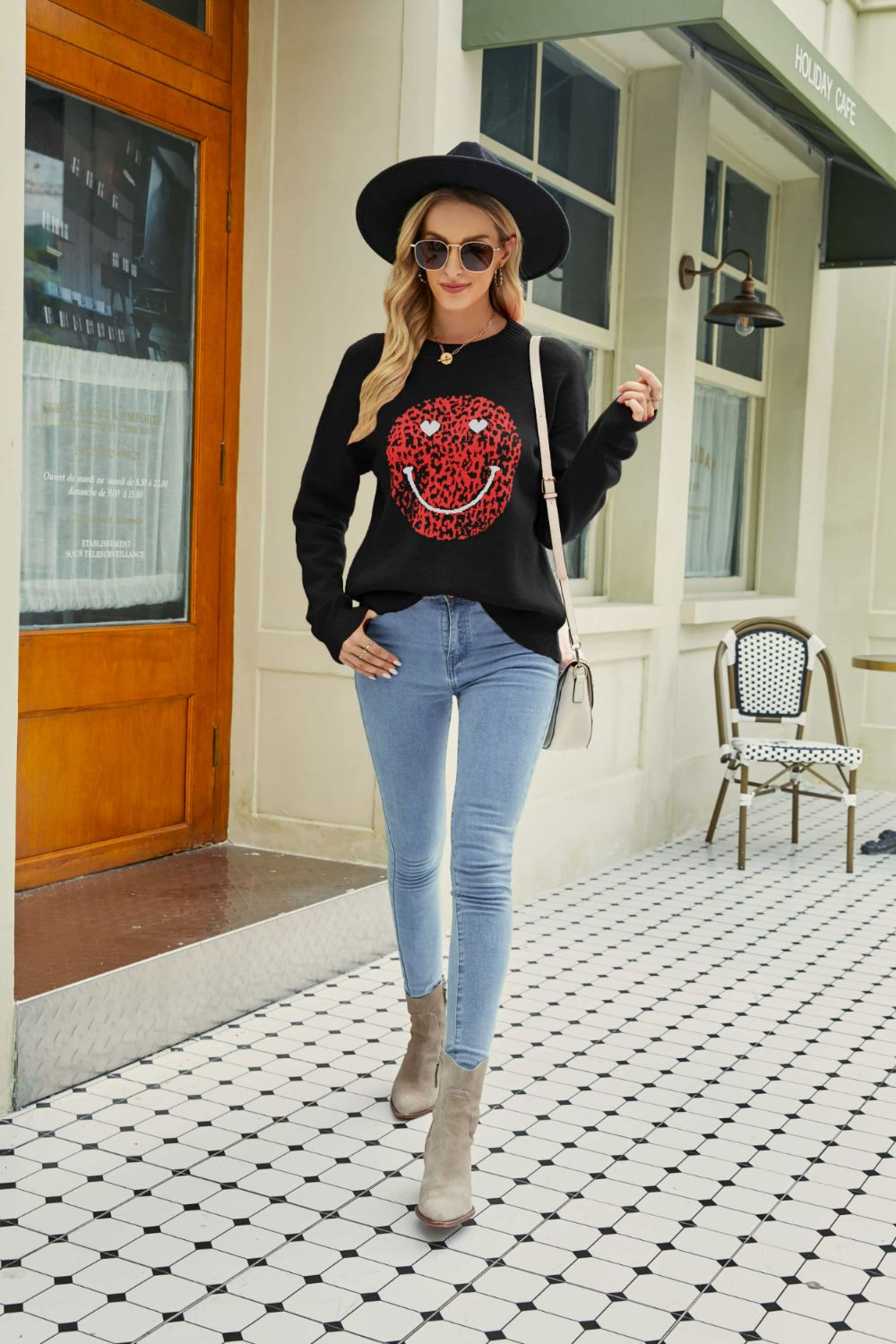 Smiley Face Graphic Dropped Shoulder Sweater