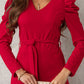 Belted Long Puff Sleeve V-Neck Jumpsuit