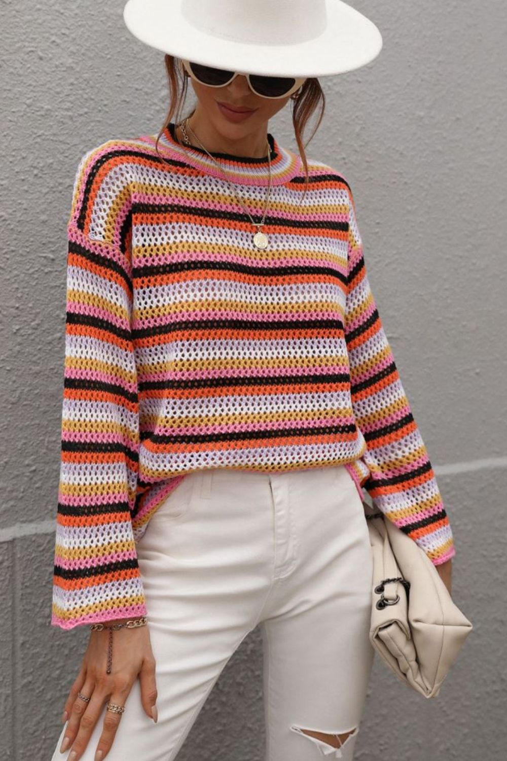 Multicolored Stripe Drop Shoulder Round Neck Sweater