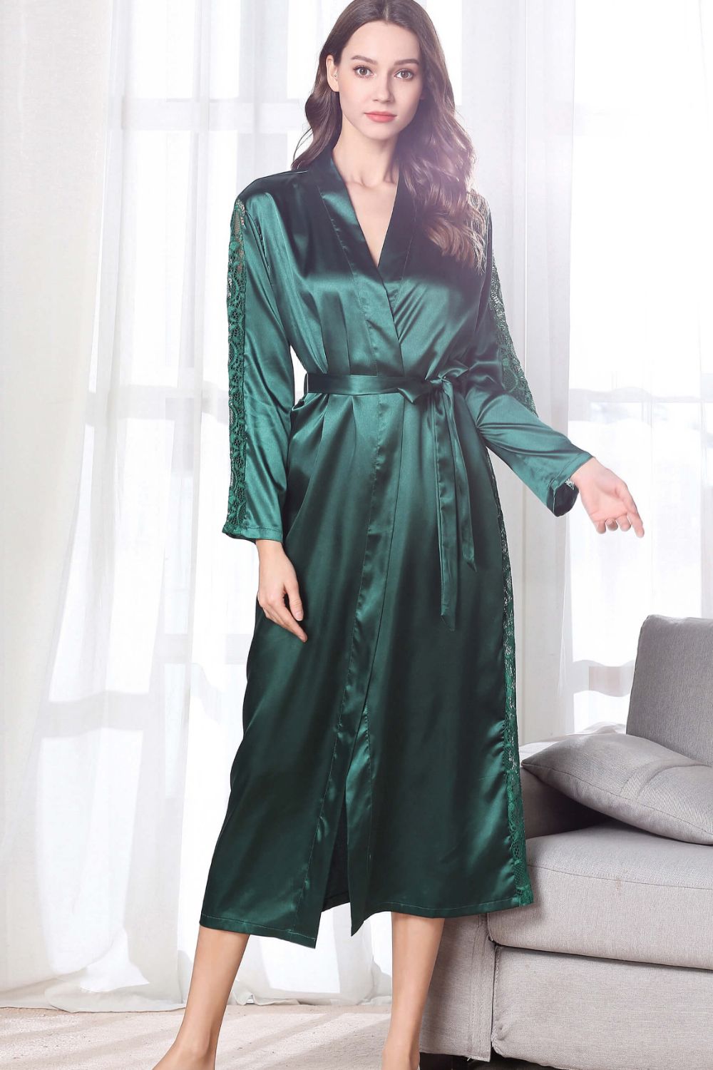 Spliced Lace Tie Waist Satin Robe