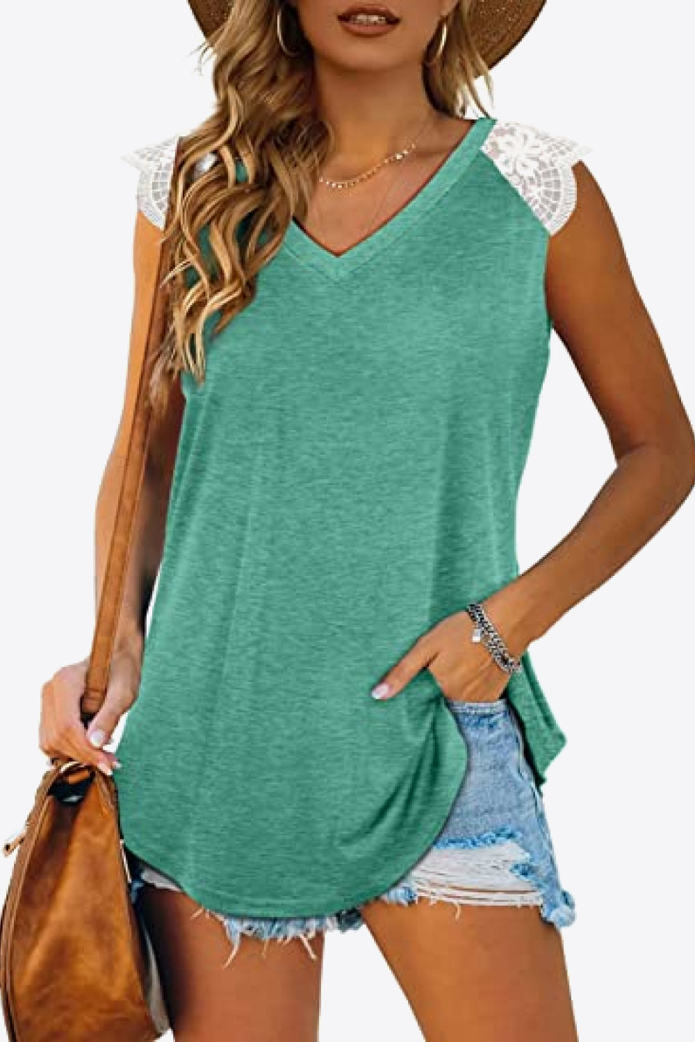 Spliced Lace Curved Hem Blouse