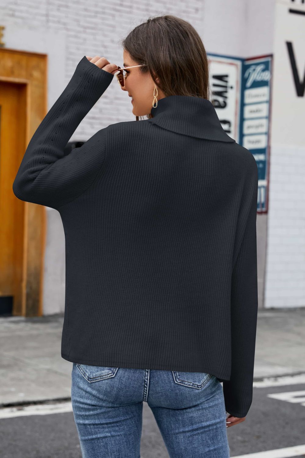 Openwork Turtleneck Rib-Knit Sweater