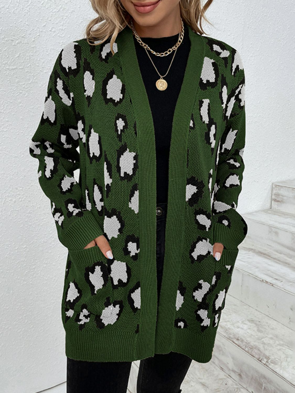 Leopard Print Ribbed Trim Dropped Shoulder Longline Cardigan