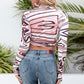 Abstract Print Tied Long Sleeve Crop Top