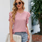 Round Neck Flutter Sleeve Eyelet Blouse