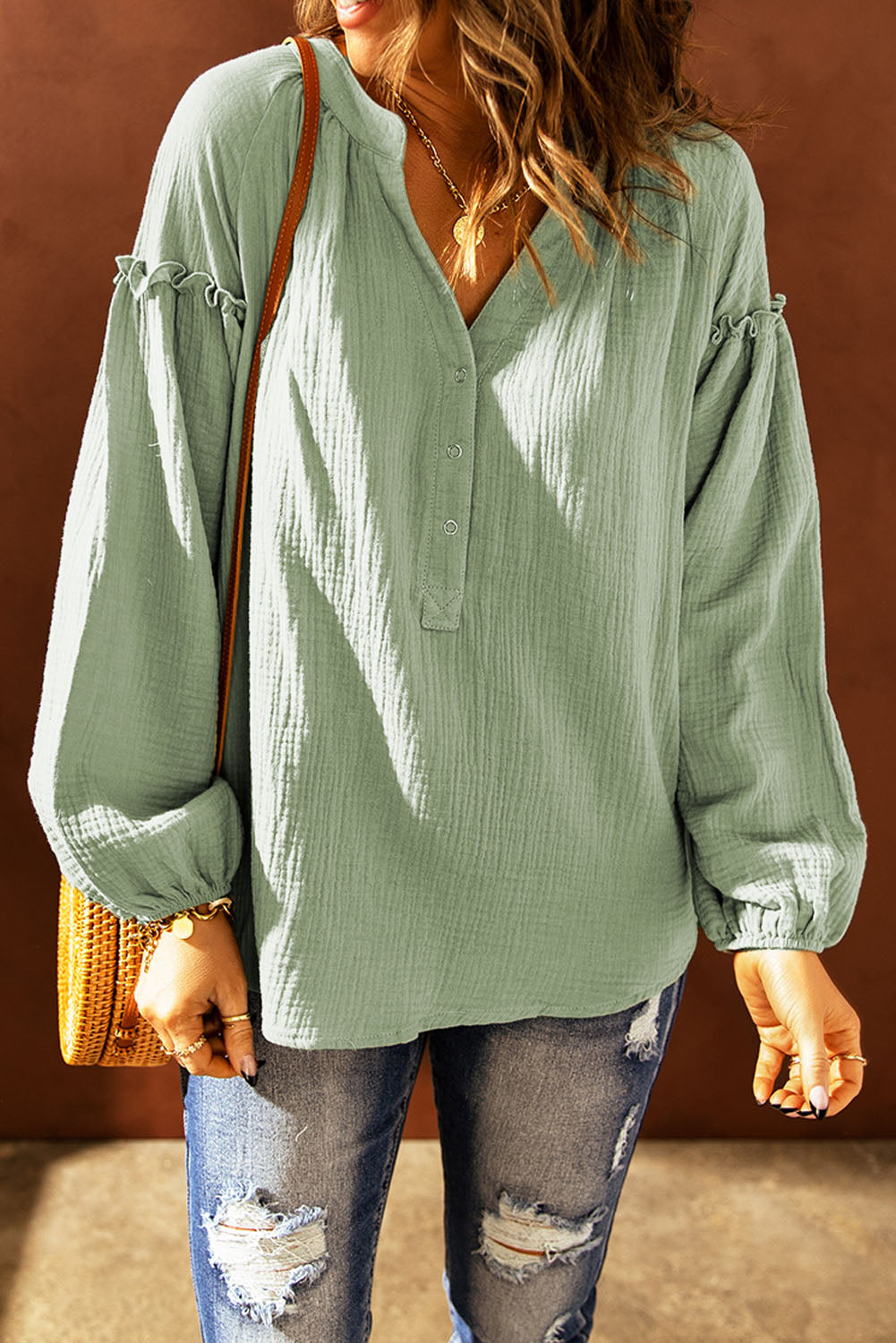 Balloon Sleeve Frill Trim Notched Neck Blouse